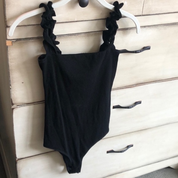 Reformation Black Ribbed Bodysuit with Ruffle Straps - Picture 1 of 4